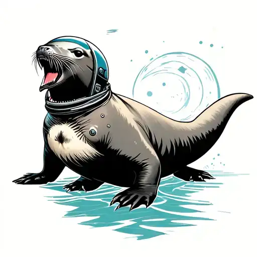 a vicious sea lion whole body  with a space cadet helmet tattoo design idea