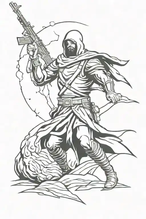 the resurrection of a great warrior holding a rifle  tattoo design idea