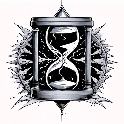 A tattoo-style illustration of a mystical tarot card titled “The Lightkeeper”. The centerpiece is a cracked hourglass wi tattoo design idea