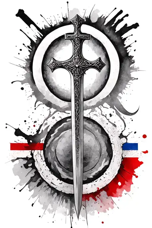 sword ; back ground christian cross aura ; enso circle with france flag colors ; balance tattoo design idea