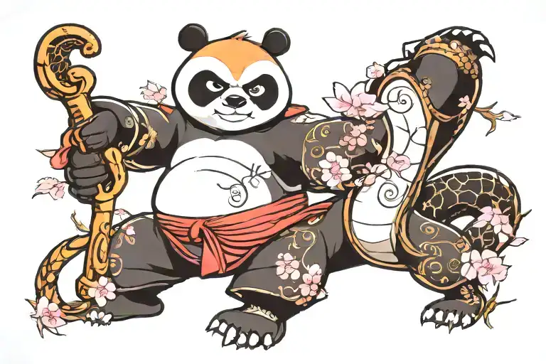 kung fu panda with dragon warrior symbol and master ooways cherry blossom tree  tattoo design idea