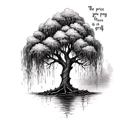 "the price you pay for love is grief" with a weeping willow tree tattoo design idea