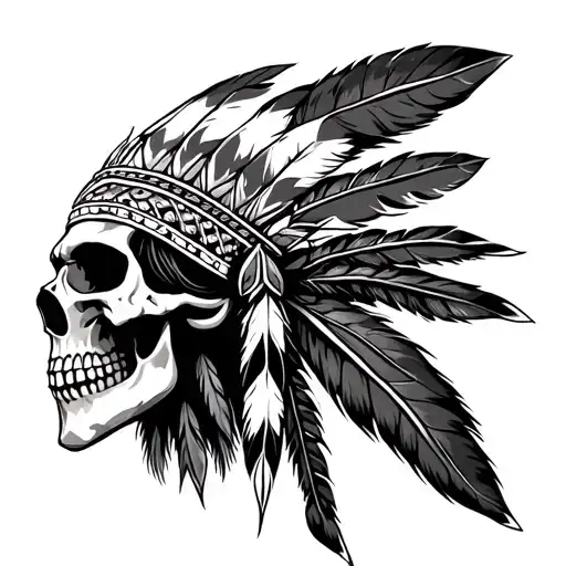 native american skull with feathered head dress tattoo design idea