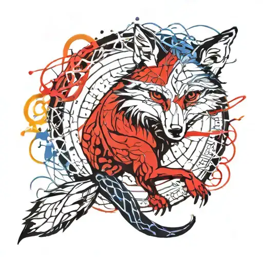 Ouroboros fox tarot devil in red and blue tones tattoo design idea