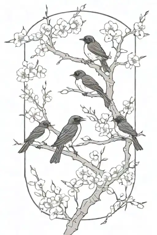  three small black birds sitting together silhouetted against a delicate horizon cherry tree branch with white blossoms. tattoo design idea