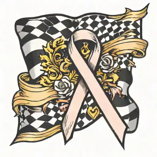 cancer ribbon with checkered flag behind it tattoo design idea