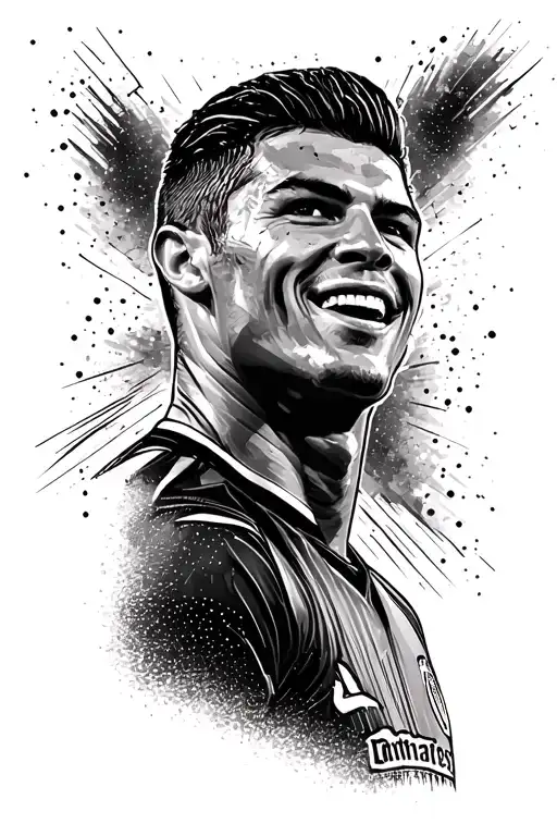 tattoo sketch of silhouette of Cristiano Ronaldo celebrating in blackwork style, black image with white light spot tattoo design idea