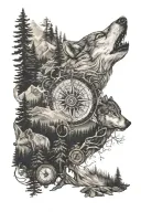 dense pineforest mountain landscape  wolf compass  tattoo design idea