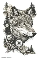 dense pineforest mountain landscape  wolf compass  tattoo design idea