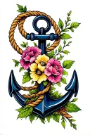 Anchor with rope and flowers and moss tattoo design idea