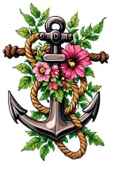 Anchor with rope and flowers and moss tattoo design idea