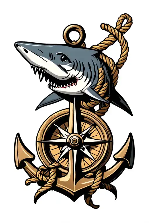 anchor rope compass shark surrounded tattoo design idea