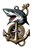 anchor rope compass shark surrounded tattoo design idea