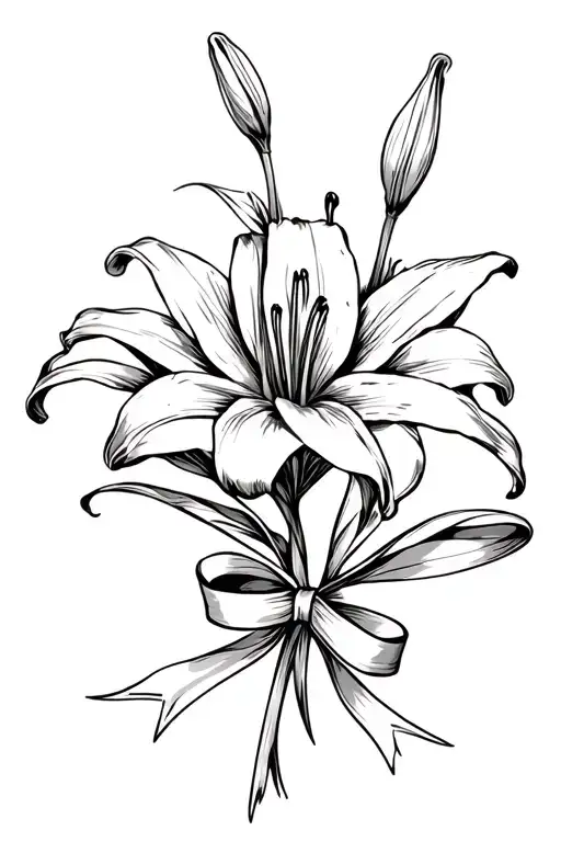 stargazer lily flower and ribbon tied together with a ribbon tattoo design idea