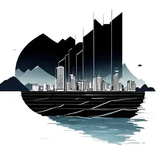 the sea, the city on the shore and some brazilian mountains on the background. POV from the top of a building tattoo design idea