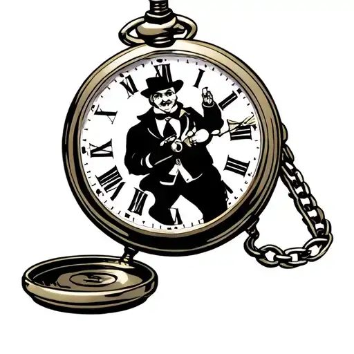 pocket watch showing 3 o'clock with monopoly man holding tattoo design idea