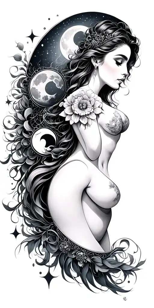 cancer zodiac, moon phases, sexy goddess tattoo design idea