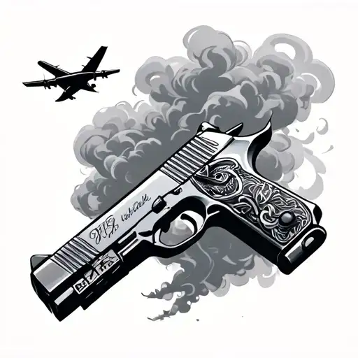 gun with airplane and smoke tattoo design idea