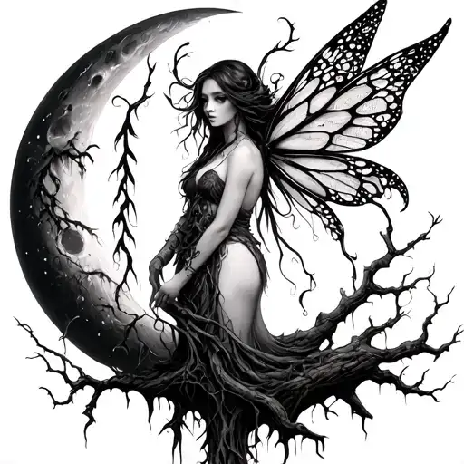 gothic willow tree fairy and moon tattoo design idea