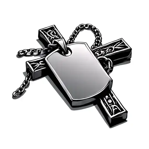 A cross with a mens necklace around it, with a blank dogtag pendant tattoo design idea