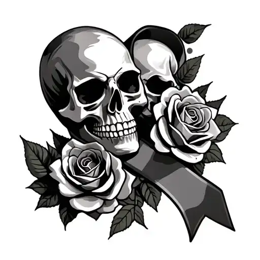 skulls and roses on the cancer ribbon wrapping tattoo design idea