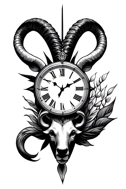 The sign Capricorn, with the integration of a clock representing the time before death, as well as solitude and travel tattoo design idea