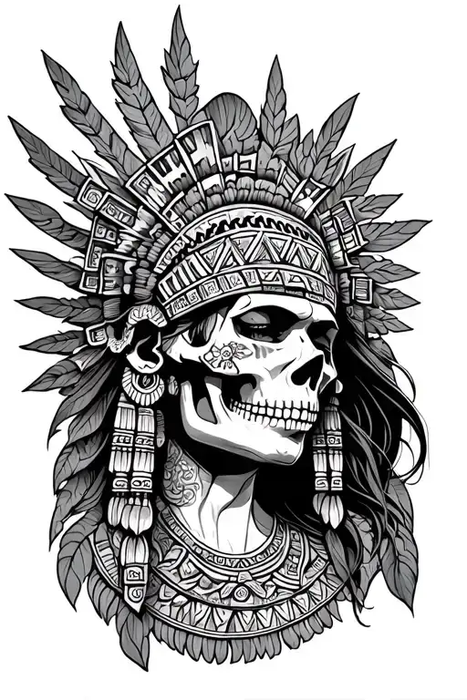 Aztec goddess half her face is a skull  tattoo design idea