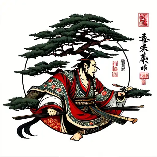 Ancient samurai with weaved bonsai in yakuza style tattoo design idea