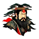 Ancient samurai with weaved bonsai in yakuza style tattoo design idea