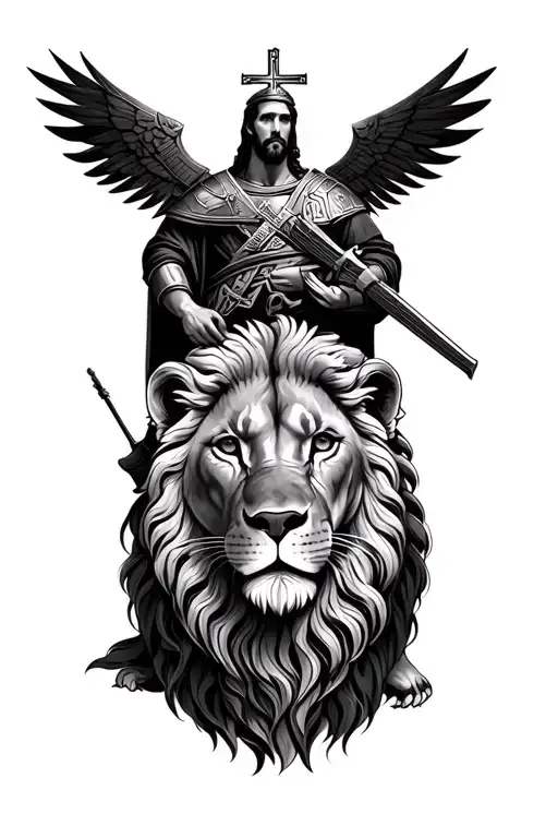 christian soldier with lion of judah tattoo design idea