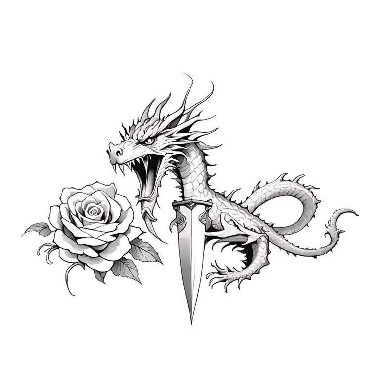 dragon and little dagger and roses tattoo design idea