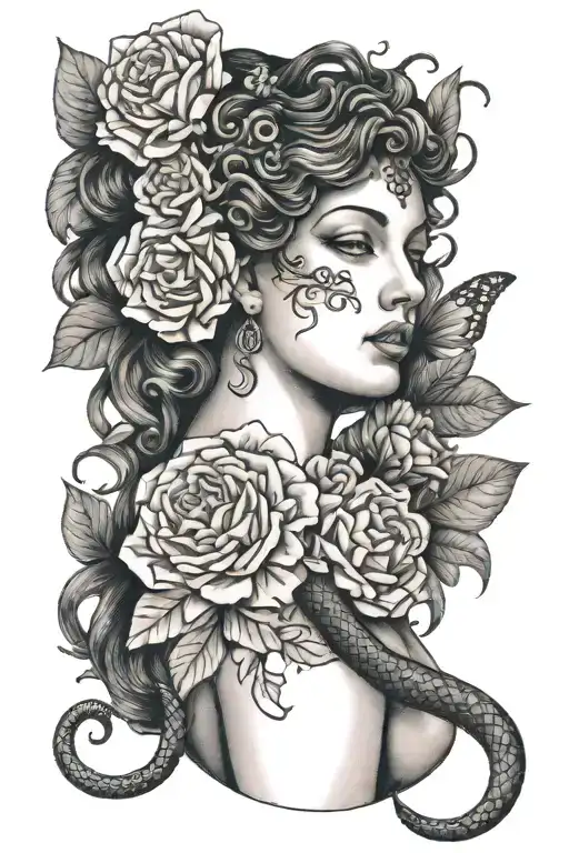 athena goddess, carnations, 1998, butterly, snake wrapped tattoo design idea