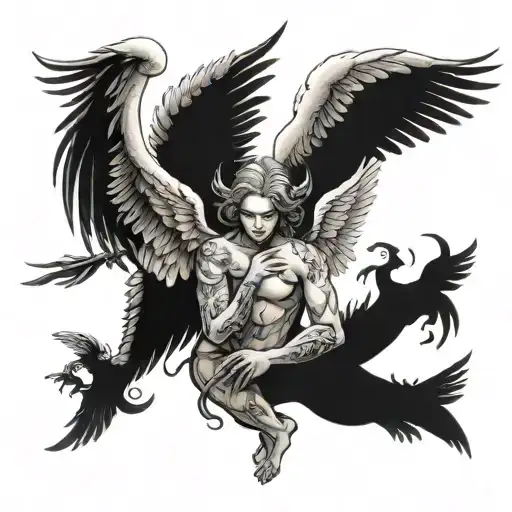 an angel with wings, and instead of feathers on the wings there are angels and demon wings tattoo design idea