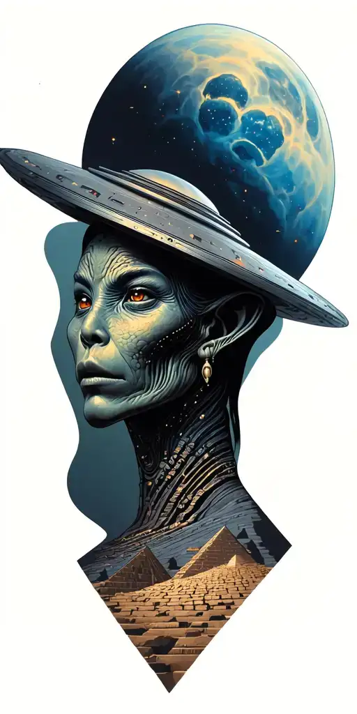 aliens connected to humans through telepathic consciousness, aliens created the the pyramids with flying saucer  tattoo design idea