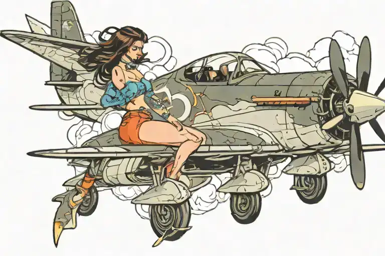 mustang shark plane flying with pinup girl tattoo design idea