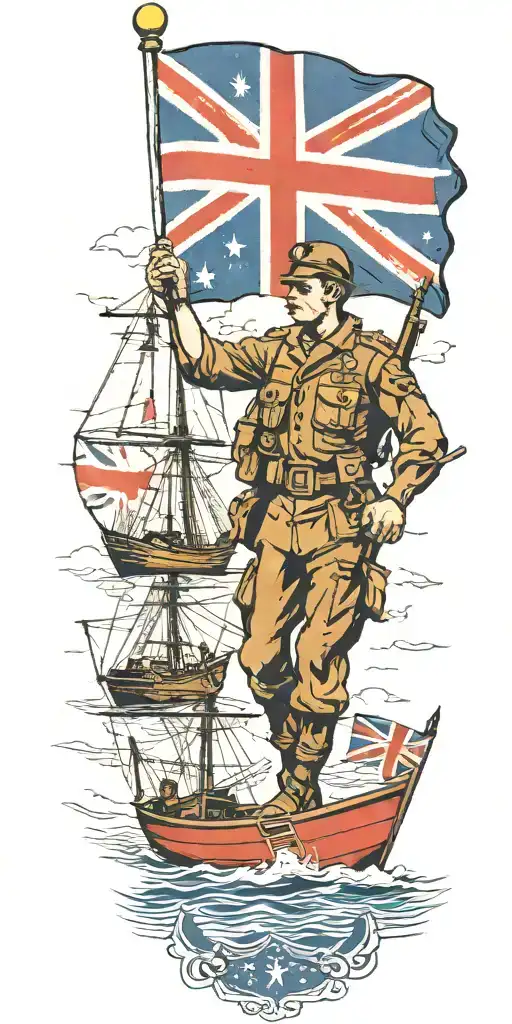 war soldier with Australian flag and boats and planes tattoo design idea