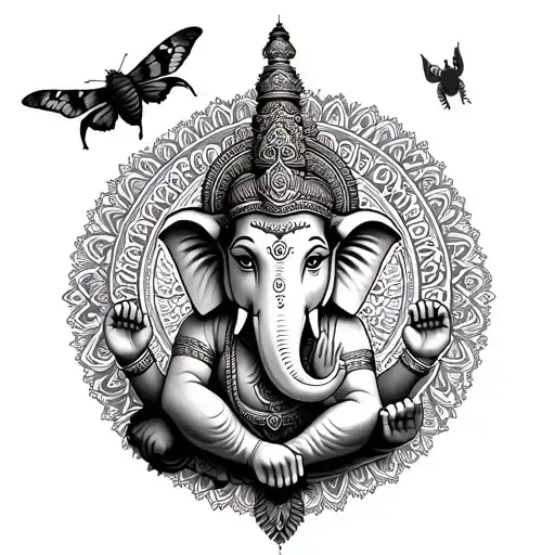 Ganesha with a mandala background. Add a scorpion and a moth. tattoo design idea