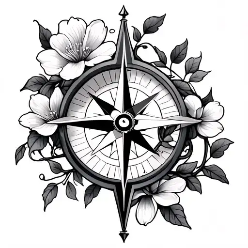 compass tattoo with jasmine flowers and vine wrapping tattoo design idea