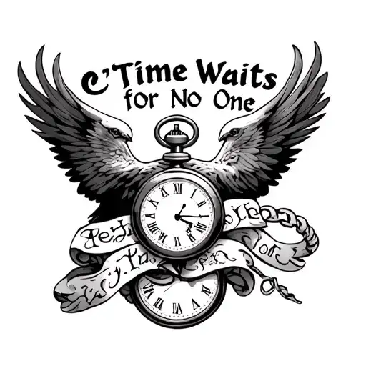 "Time Waits for No One" american eagle and pocket watch tattoo design idea