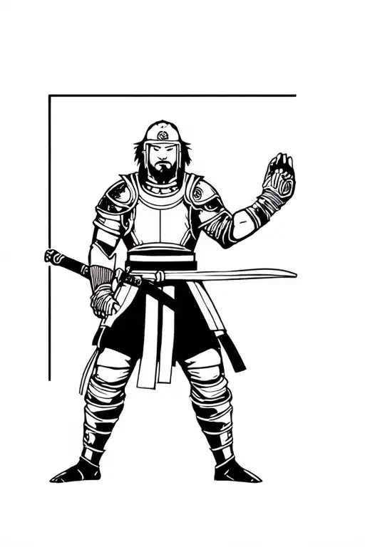 fully body Yasuke wearing armor removing menpo tattoo design idea