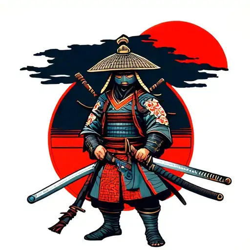 “A Japanese samurai warrior wearing a traditional kabuto helmet, holding a katana sword, standing in front of a classic tattoo design idea