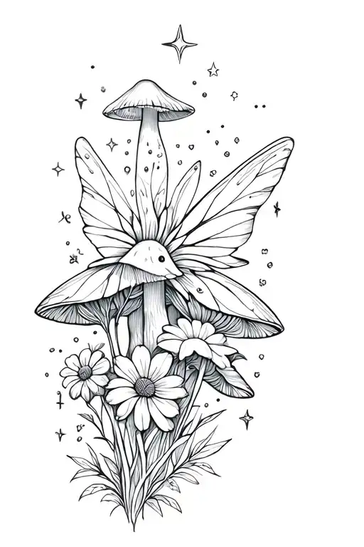 mushrooms, flowers, fairy, wolf, sparkles/stars tattoo design idea