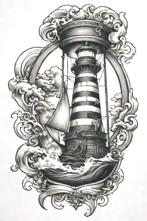 hour glass with ship in storm heading towards a lighthouse  tattoo design idea