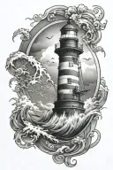 hour glass with ship in storm heading towards a lighthouse  tattoo design idea