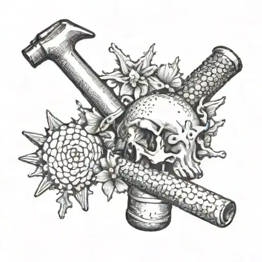 A boilermaker's tools like a hammer and welding torch combined with ocean elements like seashells and coral tattoo design idea