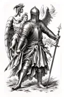a medieval knight on foot with a guardian angel watching his back tattoo design idea