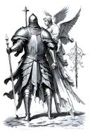 a medieval knight on foot with a guardian angel watching his back tattoo design idea