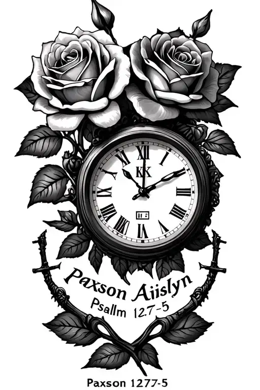 "Paxson Aislyn Psalm 127:3-5 " 2 birth clocks surrounded by roses. branch 1 iris off the roses with a K in the middle. quiver with 5 arrows. masculine tattoo design idea