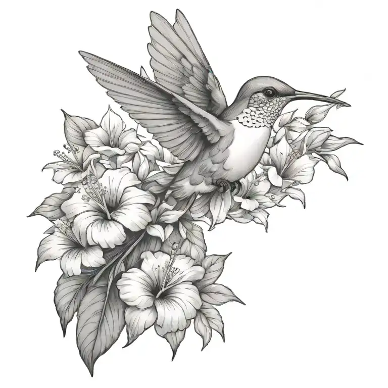 hummingbird with hibiscus and tropical leaves tattoo design idea