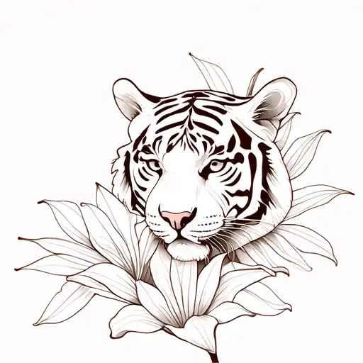 Fine Line Tiger and tiger Lilly flower tattoo design idea